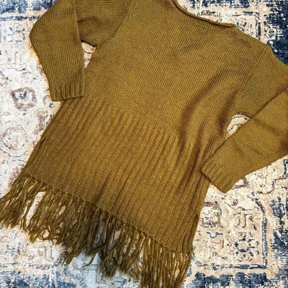 QED London Knit Oversized Fringe Western Quiet Luxury Sweater Pullover Green OS - Picture 7 of 7